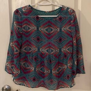 Arizona Jean Co Women Peasant Blouse Turquoise Southwestern Sheer Medium Top